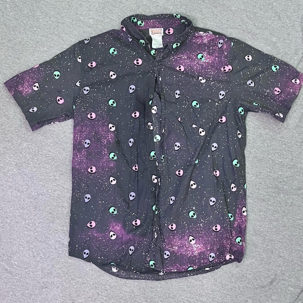 Alien Galaxy Button-Up Shirt - Black with Pink & Teal Accents